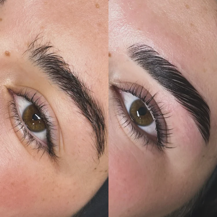 Close-up of brow lamination treatment showing defined, brushed-up brows